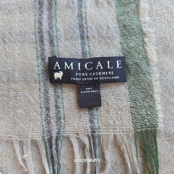 Amicale Cashmere Woven Plaid Fringe Tan Brown Green - Picture 11 of 12